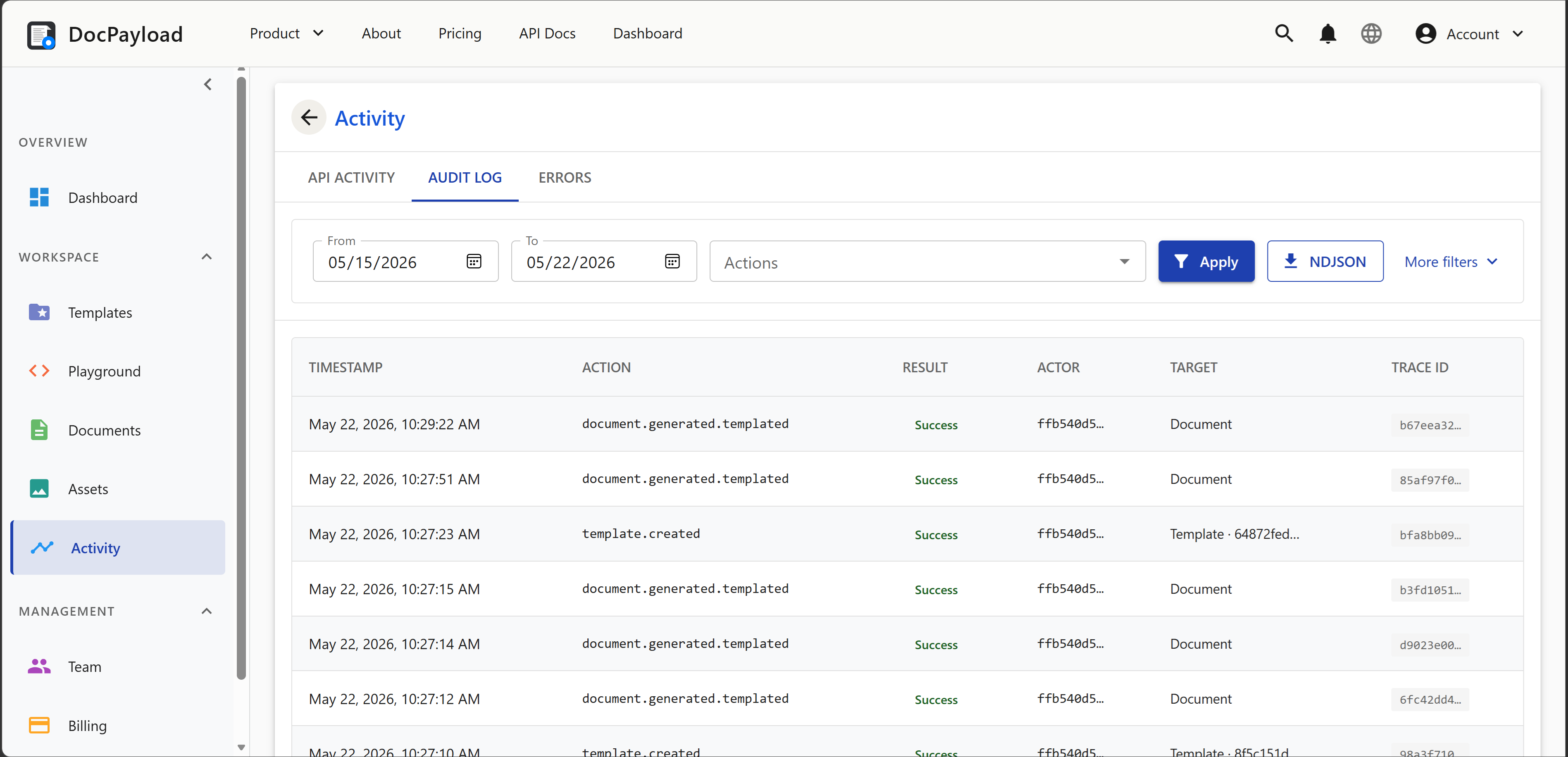 DocPayload Activity page — audit log with timestamps, actions, results, actors, targets, and trace IDs