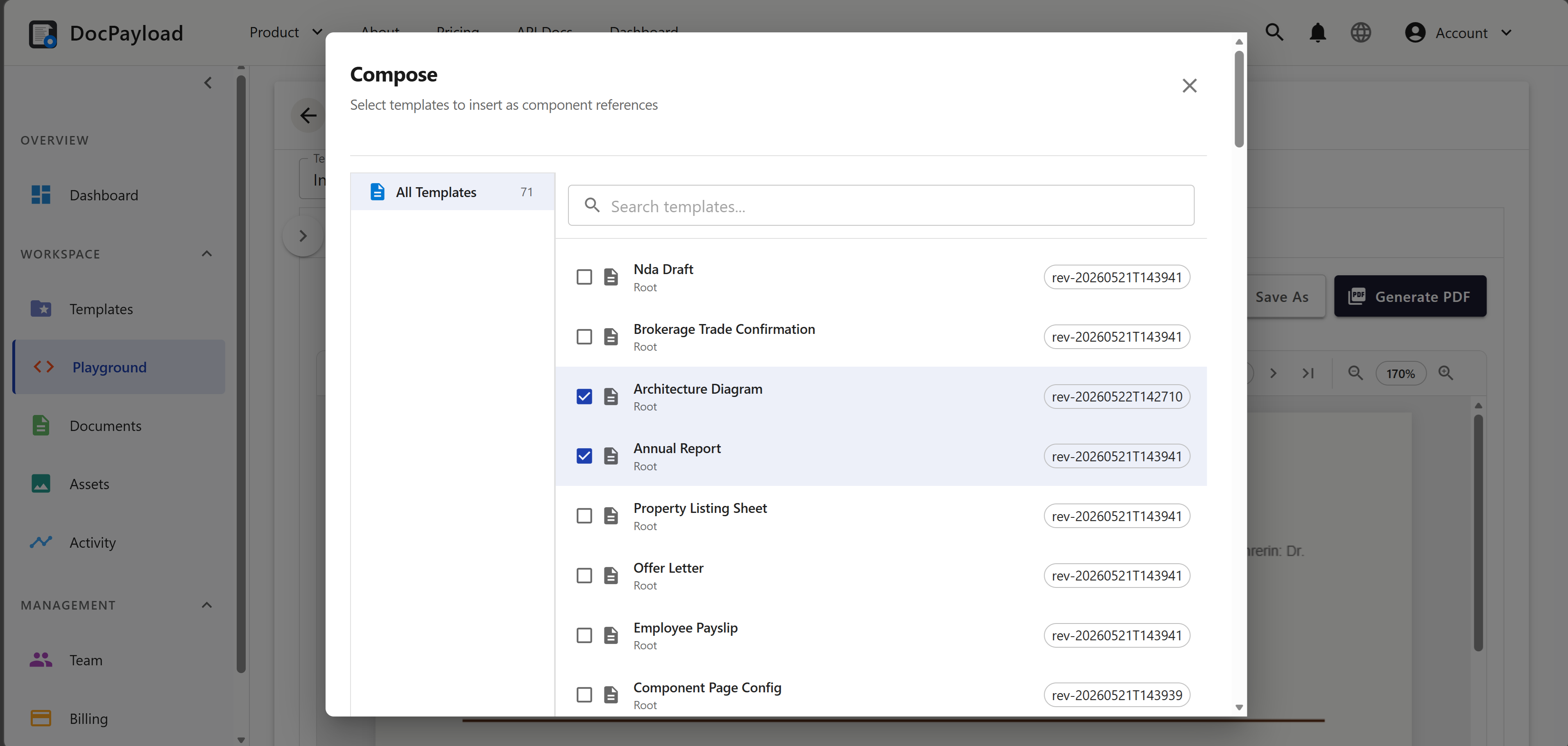 DocPayload Compose modal — pick component templates by checkbox to assemble a document