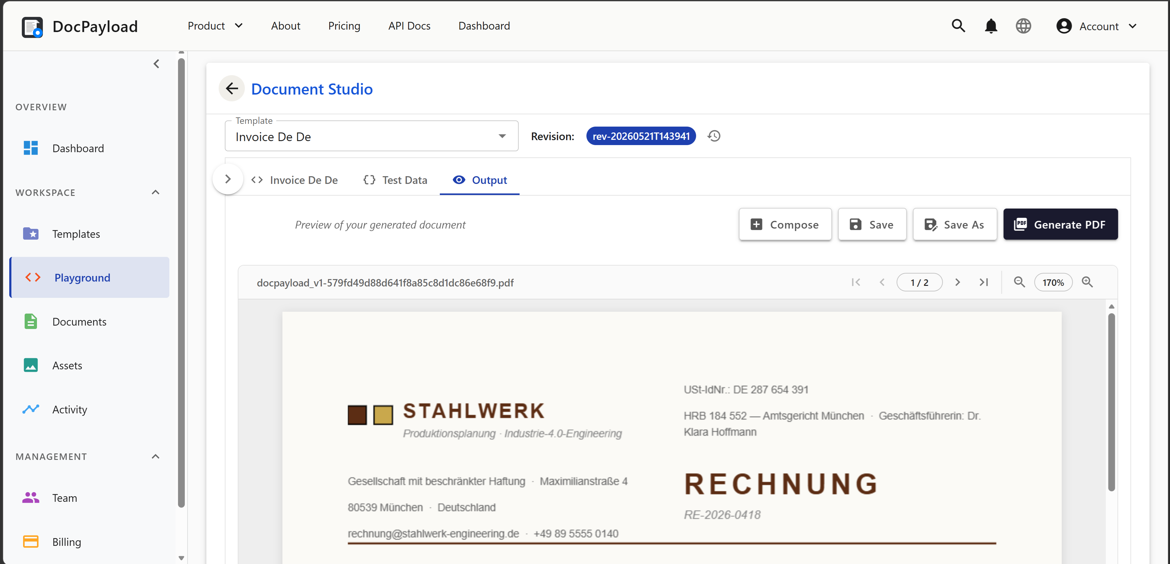 DocPayload Studio playground — editor with template picker open and JSON source visible